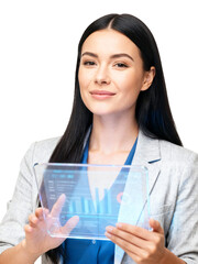 Professional businesswoman holding a futuristic transparent tablet with a data chart. Woman using a holographic screen for business analytics.