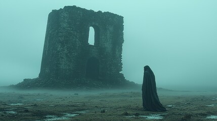 Mysterious cloaked figure before ancient misty stone ruins in a desolate, wet landscape