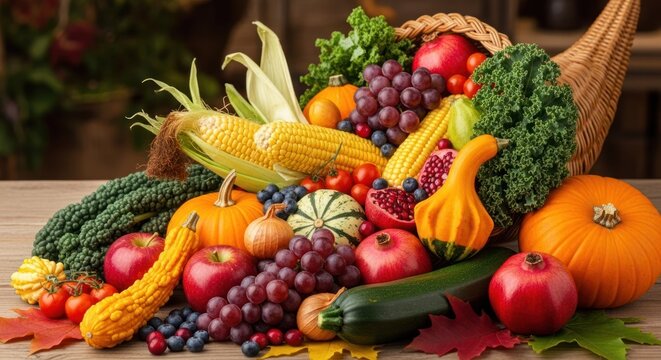 A cornucopia filled with a variety of fruits and vegetables, including apples, grapes, and pumpkins, on a wooden table with autumn leaves and a wicker basket.