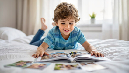 Smiling Boy Reading Photo Album on Bed
