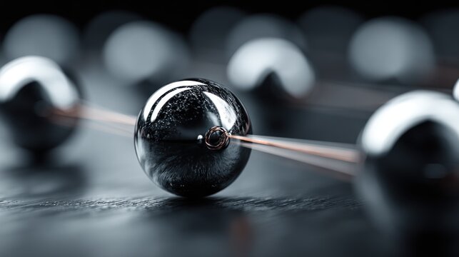 Polished dark metal spheres linked by glowing orange lines, depicting connection and energy