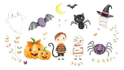 Naklejka premium Whimsical halloween characters and symbols in a playful watercolor illustration