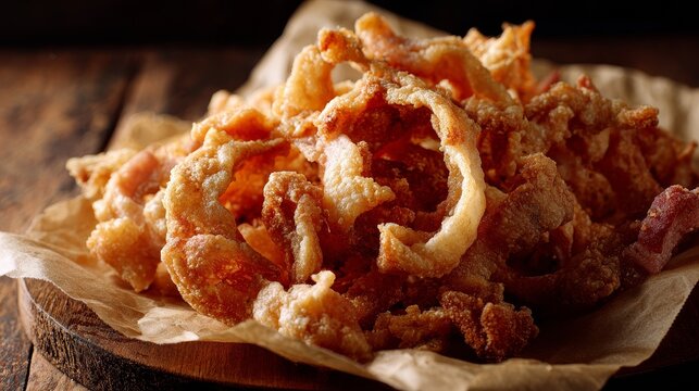 Crispy golden pork cracklins with crunchy texture served as savory snack, traditional food rich in flavor and fat, symbolizing homemade cuisine, comfort food, and authentic culinary heritage