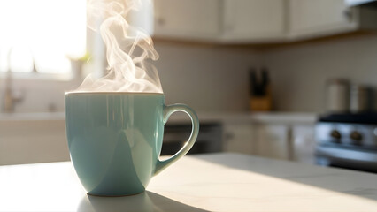 Obraz premium Cozy blue mug with steam on a kitchen counter with soft morning sunlight and blurred background.