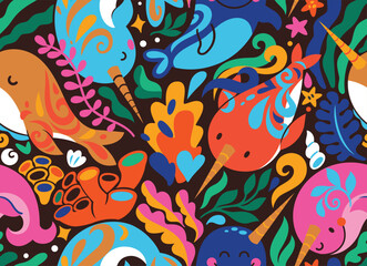 Ocean Unicorns seamless pattern isolated on brown background