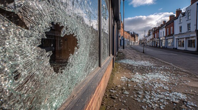 Broken shop window damaged during city riots, showing shattered glass, chaos, destruction in an urban street environment. Symbol of civil unrest, protest violence, social disorder in modern society