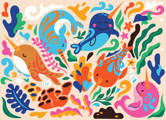 Ocean Unicorns and playful magic underwater scene.