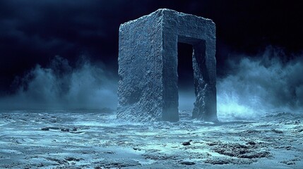 Rough monolithic archway on a desolate, frosted plain under a dark, stormy sky