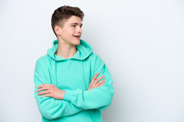 Teenager Russian man isolated on white background happy and smiling