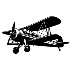 Black and white vector silhouette of a Vintage Airplane.