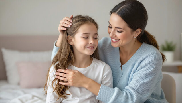 Mother brushing daughter&rsquo;s hair in cozy bedroom