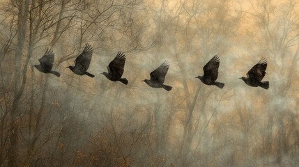 Six dark birds flying sequentially across a hazy, bare autumnal forest background