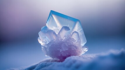 Macro photograph of a solitary ice crystal formation with blue and purple hues close-up snowflake