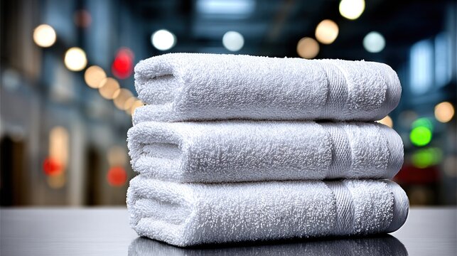 Soft white terry towels stacked neatly on a dark surface, blurred bokeh lights behind