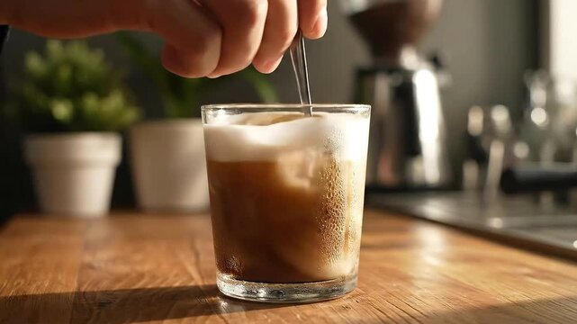 Blending Coffee with Milk Foam in Clear Glass on Wood Table Top Creating a Creamy Drink with Silver Spoon Stirring under Natural Light with Coffee Grinder Background