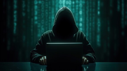 A mysterious figure in a hoodie sits in front of a laptop, surrounded by glowing digital code, embodying the essence of cyber security.