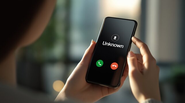 A close-up of a hand holding a smartphone displaying an incoming call from an unknown number, symbolizing mystery and uncertainty.