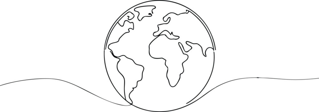Black line art globe with continents and wavy lines
