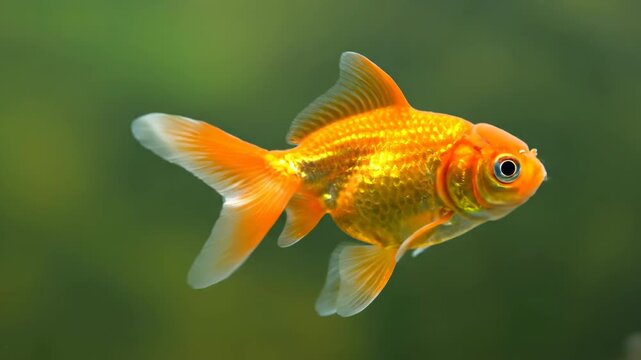 A vibrant goldfish swims gracefully in clear water with a soft green bokeh background, showcasing its bright orange scales and flowing fins