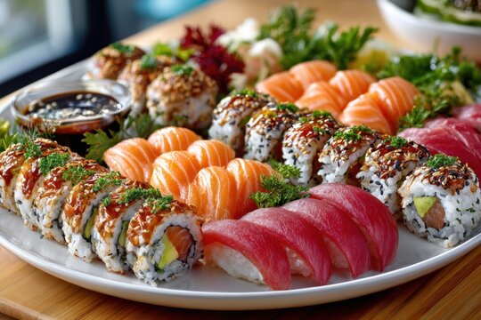 Platter of assorted sushi rolls and nigiri