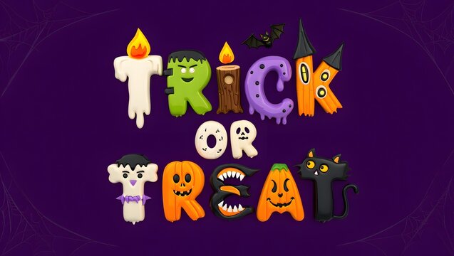 Dimensional Halloween-themed "TRICK OR TREAT" lettering with each letter shaped like a monster or spooky icon on a dark purple web-patterned background.