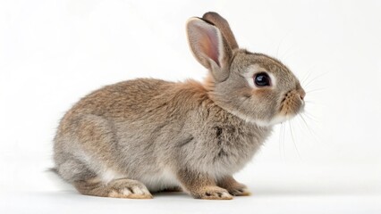 Realistic Netherland Dwarf Rabbit on white studio background, small compact bunny with short ears and soft fur, isolated animal portrait with professional lighting