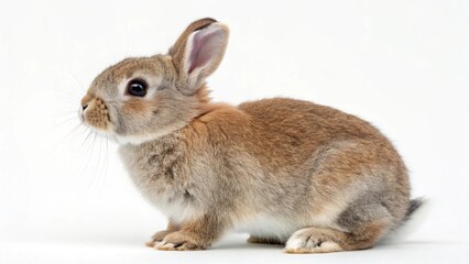 Realistic Netherland Dwarf Rabbit on white studio background, small compact bunny with short ears and soft fur, isolated animal portrait with professional lighting