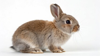 Realistic Netherland Dwarf Rabbit on white studio background, small compact bunny with short ears and soft fur, isolated animal portrait with professional lighting