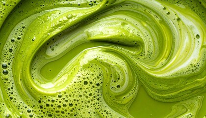 Macro full-frame of green matcha tea with rich frothy microfoam background, smooth surface patterns, and creamy natural color details 