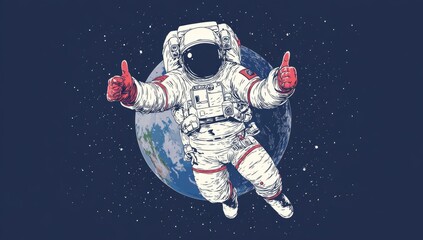 Cartoon astronaut floats cheerfully in space before Earth, giving two thumbs up