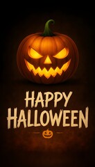 Vertical Halloween greeting design featuring a menacing, glowing Jack-o'-lantern positioned above large, bold, illuminated "HAPPY HALLOWEEN" text on a dark background.