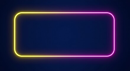 A glowing neon rectangular frame with rounded corners set against a dark blue background. The frame transitions from yellow on the left to pink on the right.