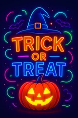 Spooky Neon Sign Art with "Trick or Treat" Text, Witch Hat, and Glowing Jack-o'-Lantern