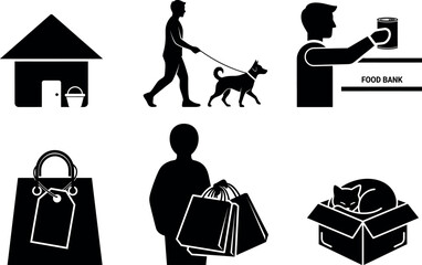Collection of six simple black silhouette icons representing home pet care shopping and delivery services