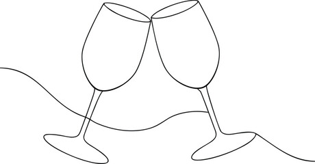 Two wine glasses clinking together in minimalist line art