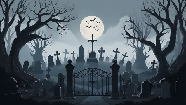 Stylized Spooky Graveyard Entrance with Wrought-Iron Gate Under a Full Moon