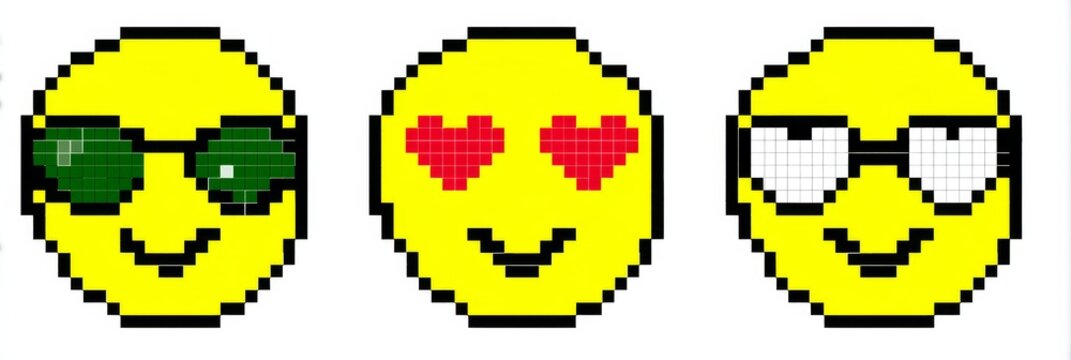 Pixel Art Emoticons Wearing Sunglasses Heart Eyes and Eyeglasses Digital Illustration Graphic Design