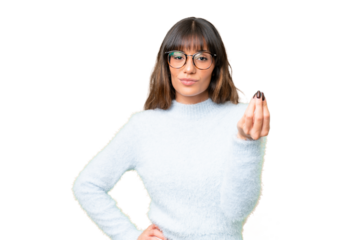 Young caucasian woman over isolated chroma key background making Italian gesture