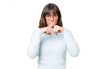 Young caucasian woman over isolated chroma key background showing a sign of silence gesture