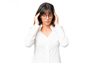 Young caucasian woman over isolated chroma key background with headache