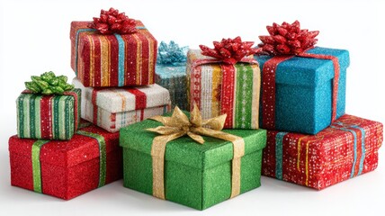 Obraz premium Stacked Christmas presents with colorful festive wrapping and ribbons isolated on white background for holiday celebration and seasonal gift-giving