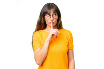 Young caucasian woman over isolated chroma key background showing a sign of silence gesture putting finger in mouth