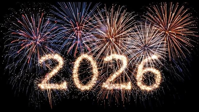 2026 written in a shiny font made of fireworks against a black night sky. Happy New Year 2026, New Year's Eve with fireworks. New Year's holiday. Explosions of fireworks and fireworks in the sky