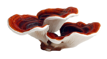 Close up shot of three reishi mushrooms stacked on top of each other on a black background