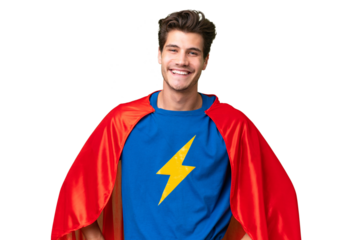 Super Hero caucasian man over isolated background posing with arms at hip and smiling