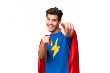 Super Hero caucasian man over isolated background points finger at you while smiling