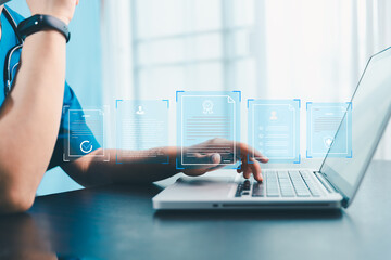 Doctor and medical worker in virtual environment to manage health information, quality...