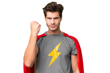 Young handsome caucasian man over isolated background in superhero costume