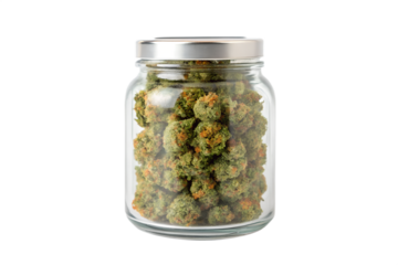 Cannabis buds in Jar: A glass jar is filled with cannabis buds and sealed, showcasing the plant's natural beauty and potent essence. The image is taken at eye-level.