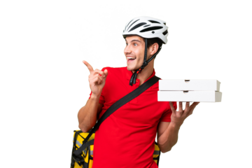 Pizza delivery man with work uniform picking up pizza boxes over isolated background intending to realizes the solution while lifting a finger up